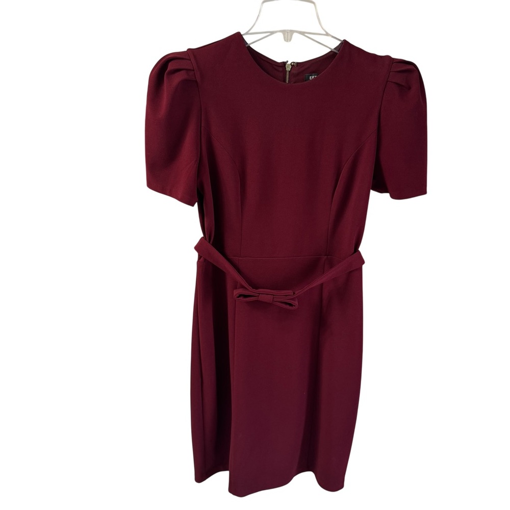Express Burgundy Puff Sleeve Sheath Midi Dress with Thin Bow Detail Belt